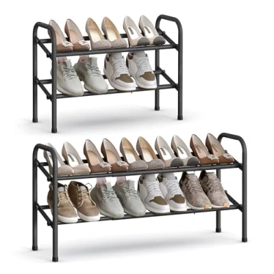 Image of SONGMICS Expandable Shoe Rack, 2 Tier Metal Shelf Storage, Adjustable Organiser, Free Standing Racks for Hallway, Closet, Doorway, Easy Assembly, Ink Black LMR029B01