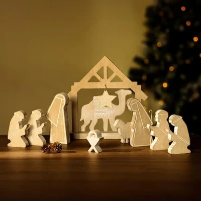 Image of Marco Paul Wooden Christmas Nativity Scene Figurine Ornament Indoor Decorations 3D Rustic Traditional Jesus Manger Religious Kids Set Tree