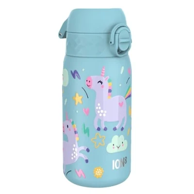 Image of Ion8 Kids Water Bottle, Steel 400 ml/13 oz, Leak Proof, Easy to Open, Secure Lock, Dishwasher Safe, Flip Cover, Carry Handle, Clean, Durable, Metal Raised Print, Blue, Unicorns