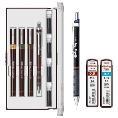 Image of rOtring Isograph S0699320 Junior Set 3x Technical Pens 0.20mm, 0.30mm, 0.50mm Fineliner with Pencil 0.7 mm and 0.5mm HB, HB Refills