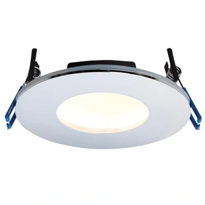 Image of Cannon Chrome Finish Die Cast Aluminium Fire Rated Warm White LED Anti Glare Low Profile Ceiling Downlight Spotlight IP65 for Bathroom, Shower, Kitchen, Lounge etc.