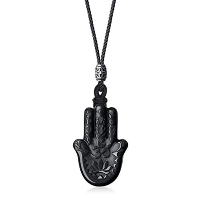 Image of COAI Adjustable Nylon Cord Hamsa Hand Obsidian Black Stone Necklace