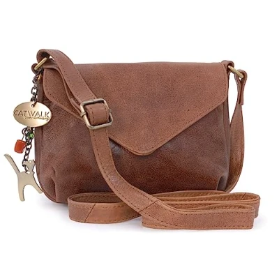 Image of Catwalk Collection Handbags Women&#039;s Leather Crossbody Bag Small Flapover Shoulder Adjustable Strap ERIN Brown