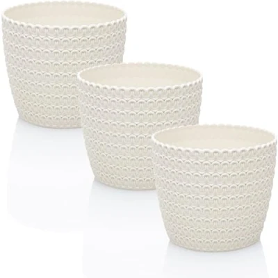 Image of idea station RIBA Flower Pot Set 3 x 14 cm Cream/White Shatterproof Plastic Pots for a Wide Range of Plants, Flowers Matte Planters Indoor and Outdoor Use