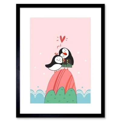 Image of Wee Blue Coo Puffins in Love Art Print Framed Poster Wall Decor 9x7 inch