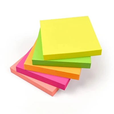 Image of EVG Evergreen Goods 500 Sheets Assorted NEON Coloured. Removable Adhesive Sticky Post Notes. 5 Pads 100 per PAD 76x76mm (3&quot;x3&quot;), Yellow, Orange, Green, Pink &amp; Peach., SN