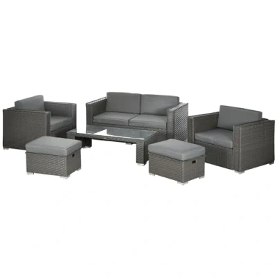 Image of Outsunny 6 Pieces PE Rattan Garden Furniture Set with Thick Padded Cushions, Outdoor Patio Corner Sofa Glass Coffee Table, Footstool, Aluminium Frame, Grey