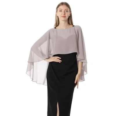 Image of Hotshawl Capelets for women Chiffon Cape Shawls and Wraps Evening Dress Wedding Capes Cover Up, Gray, One Size