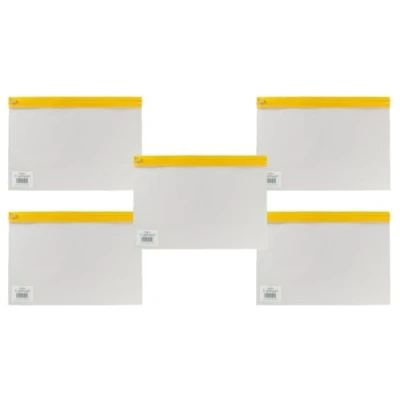 Image of Snopake A4 Plus Zippa Bag ‘S’ Classic with Write On Label [Pack of 5] 370 x 260 mm Transparent/Yellow Zip Strip [Ref: 12806]