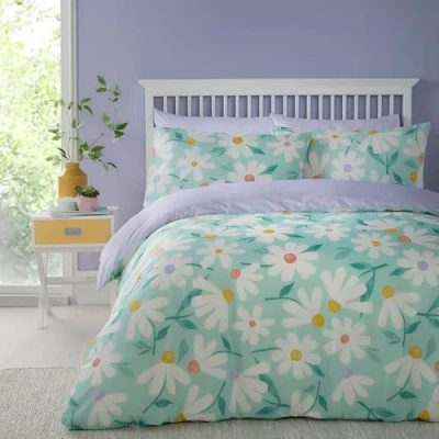 Image of Fusion Daisy Flowers Duvet Cover Double Bedding Size (200 x 200cm) Reversible Designs (Purple Polka) 2 Pillowcases Girls with Floral Covers in Duck Egg/Purple