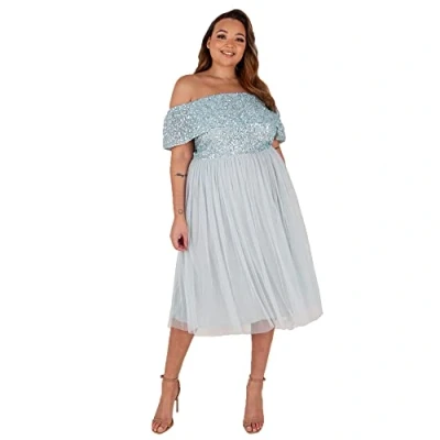 Image of Maya Deluxe Women&#039;s Ladies Bardot Dresses Midi High Empire Waist Sequins Embellished Formal Evening for Wedding Guest Bridesmaid, Ice Blue, 10