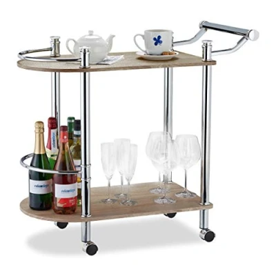 Image of Relaxdays 2 Tier Serving, Wood Look, MDF and Steel, 4 Casters, with Handle, Bar Cart, H x W D: app. 76 82 39 cm