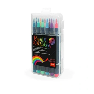 Image of Legami Set of 12 Marker Pens with Brush Tip, Flexible Tip in Nylon Fiber, for Fluid Lines and Variable Widths, Diameter 1 cm