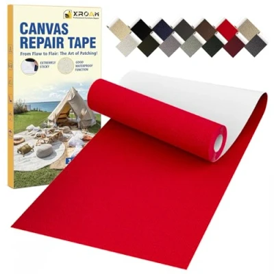 Image of Xroam Canvas Repair Tape, 8 x 160 cm Waterproof Fabric Tape for Furniture, Self Adhesive Patches Boat Covers, Sofas, Tents, Louge Chairs, Canopy, Awning Red