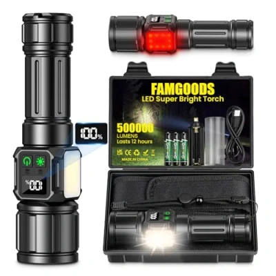 Image of Famgoods Torches LED Super Bright, 500000 Lumens Torch Rechargeable Flashlight Adjustable Focus, IP67 Waterproof, 9 Light Modes Tactical for Camping Hiking Emergency