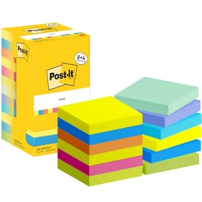 Image of Post it Notes Energetic Color Collection, 8 + 4 FREE Pads, 100 Sheets per Pad, 76 mm x mm, Yellow, Blue, Orange, Pink, Green Colors Self stick For Note Taking, To Do Lists &amp; Reminders