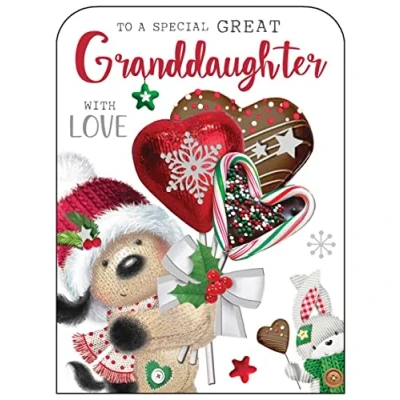 Image of Jonny Javelin Great Granddaughter Christmas Card Cards with Dog and Love Heart Sweets Design Special Finishes Single Xmas Envelope