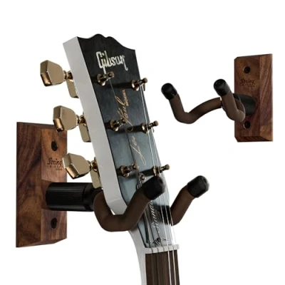Image of String Swing Guitar Hanger Holder for Electric Acoustic and Bass Guitars Stand Accessories Home or Studio Wall Musical Instruments Safe without Hard Cases Black Walnut Hardwood CC01K BW 2 Pack