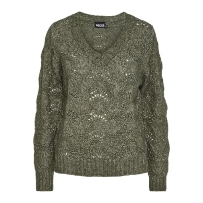 Image of PIECES Women&#039;s Pcbibbi Ls V Neck Knit Noos Bc Jumper, Deep Lichen Green, XL