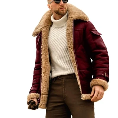 Image of EsukAr Mens Aviator Shearling Sheepskin Leather Bomber Flying Jacket,red,4XL