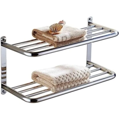 Image of Towel Rack Bar Rail 2 Layer Bath 304 Stainless Steel Double Shelf Wall Mounted Storage Holder for Bathroom