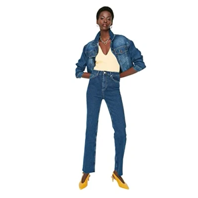 Image of Trendyol Women High Waist Straight Leg Flare Jeans Dark Blue