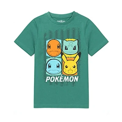 Image of Pokemon T Shirts for Boys Kids Green OR Black Top Pikachu Squirtle Bulbasaur Charmander Characters Clothing Merchandise 5 6 Years
