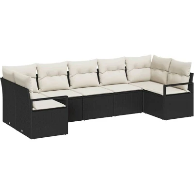 Image of vidaXL 7 Piece Garden Sofa Set with Cushions Black Poly Rattan