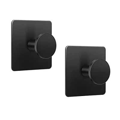 Image of LJLink Towel Hooks Matte Black Modern Self Adhesive Hook 2 PCS Wall Stainless Steel Round Utility Hanger for Kitchen Home Storage Bathroom