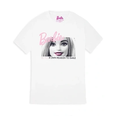 Image of Barbie Womens T Shirt White Be Your Own Reason to Smile Graphic Tee for Ladies Oversized Short Sleeve Doll Apparel Top Fashion Movie Daywear Merchandise Gift Adults