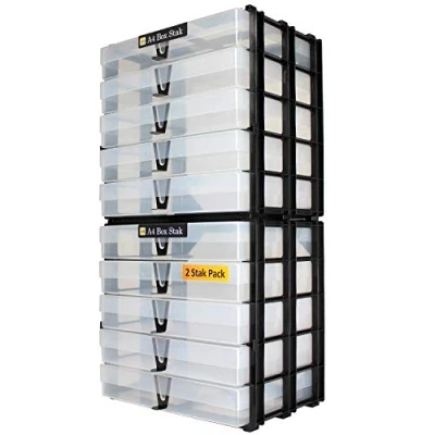 Image of WestonBoxes A4 Box Stak, Stackable Craft Storage Unit Including Plastic Boxes with Lids (Transparent, Pack of 2)