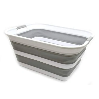 Image of SAMMART 42L Collapsible Plastic Laundry Basket Foldable Pop Up Storage Container/Organizer Portable Washing Tub Space Saving Hamper/Basket (Grey, 1)