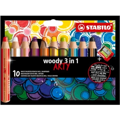 Image of Multi Talented Pencil STABILO woody 3 in 1 ARTY Pack of 10 Assorted Colours with Sharpener