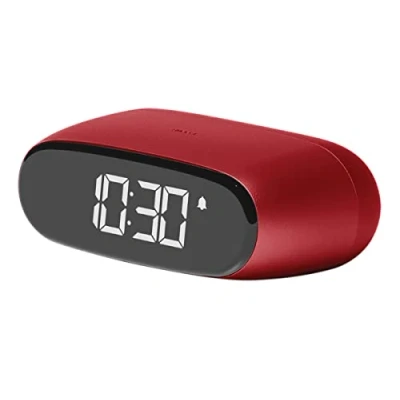 Image of Lexon MINUT Mini Compact Alarm Clock with VA LCD Screen Pure Black, Touch Control, Snooze Function and Backlight, Rechargeable Battery, Aluminium Finish Dark Red