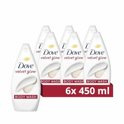 Image of Dove Velvet Glow Body Wash Cleanser shower gel with plant based moisturisers for softer, smoother skin after one 6x 450 ml