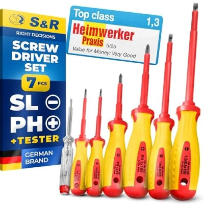 Image of S&amp;R Isolated Screwdrivers Electricians Set VDE Tested (German Electrical Engineering Association), Power Form Handle 7 Piece, SL PH Tester Professional Quality
