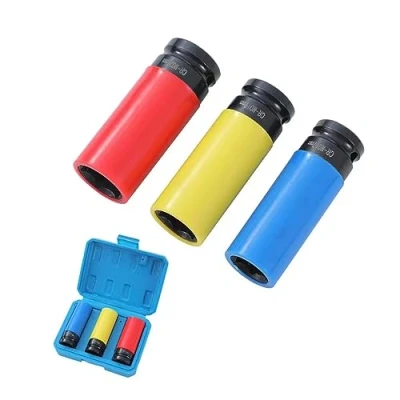 Image of TOPWAY 1/2 Inch Drive Wheel Protector Impact Deep Socket Set 17mm 19mm 21mm 3PCs Thin Wall Multicolour Metric Lug Nut Sockets, Chrome Vanadium Steel, Auto Repairing Garage Tool