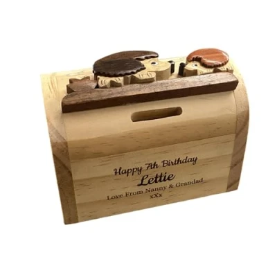 Image of Personalised Wooden Hedgehogs Design Money Box Engraved With Any Name/Message