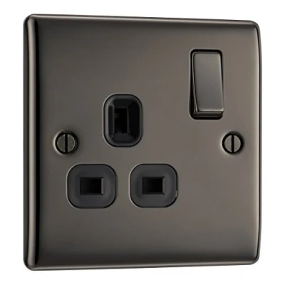 Image of BG Electrical Single Switched Power Plug Wall Socket, Raised and Slim Profile, Round Edges, Nexus Metal, Black Nickel, 13A, NBN21B