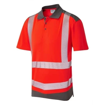 Image of Leo Workwear Peppercombe ISO 20471 Class 2 Dual Coolviz Plus Polo Shirt HV Red/Grey Large