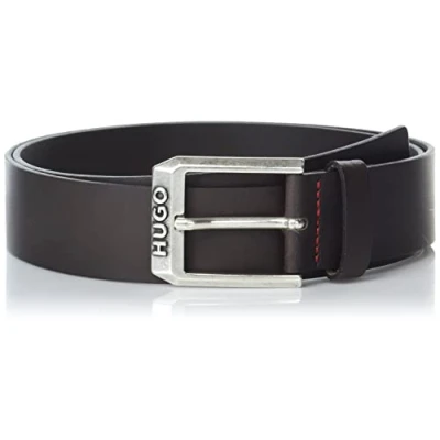 Image of HUGO Men&#039;s Logo Buckle Leather Belt, Pinecone Brown, one Size, Brown