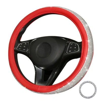 Image of Lifetooler Steering Wheel Covers with Bling Rhinestones,Diamond Cover Sparkly Crystal Diamante Anti Slip Universal 38cm/15 inch Car Accessories for Women Girls (red white)