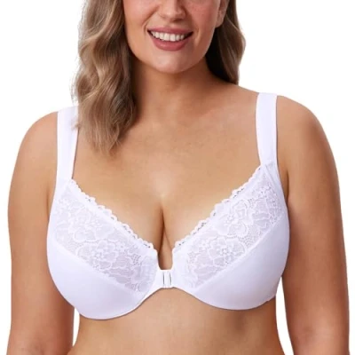 Image of Delimira Women&#039;s Front Fastening Bras Unlined Lace Plus Size Support Underwire White 48C