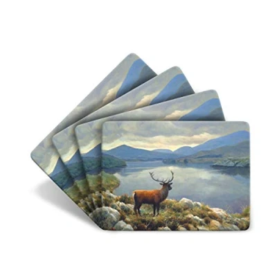 Image of Julian Friers Stag Lake Large Table Mats by Wildlife Artist Set of 4 Non slip Cork backed Placemat