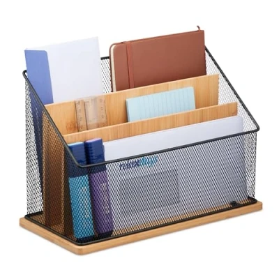 Image of Relaxdays Document Holder, 3 Compartments, Metal &amp; Bamboo, Upright Letter Stand, HxWxD: 20 x 29 14 cm, Natural/Black