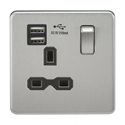 Image of KnightsBridge 13A 1G Screwless Brushed Chrome Switched Socket with Dual 5V USB Charger Ports Black Insert