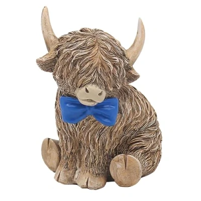 Image of Reflections Bronze Resin Animal Ornament 12cm Highland Cow With Blue Bowtie 6570