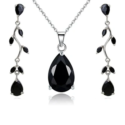 Image of Crystalline Azuria Women 18ct White Gold Plated Teardrops Black Zirconia Crystals Set Necklace 17.7 inches Dangle Earrings