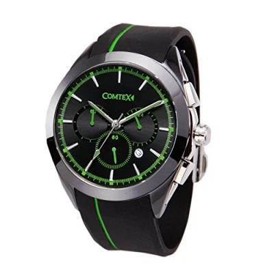 Image of COMTEX Men&#039;s Black Watch Chronograph Dial Silicone Sports Green Line Fashion