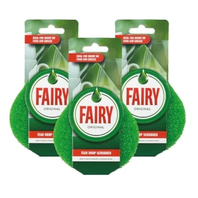Image of Fairy Teardrop Scrubber Washing Up Non Scratch Sponge, Green, Bulk 3 Pack